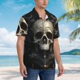 thumbnail image 3 of Honeii Gold Pattern Skull Print Men’s Hawaiian Shirt,Classic Button-Down Short Sleeve Shirt, for Beach, Vacation, and Outdoor Activities,X-Large, 3 of 7