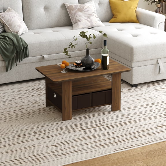 HOMLUX Modern Wood Storage Tea Table Coffee Table with Shelf & Bin Drawer for Small Space Living Room, Columbia Walnut/Dark Brown