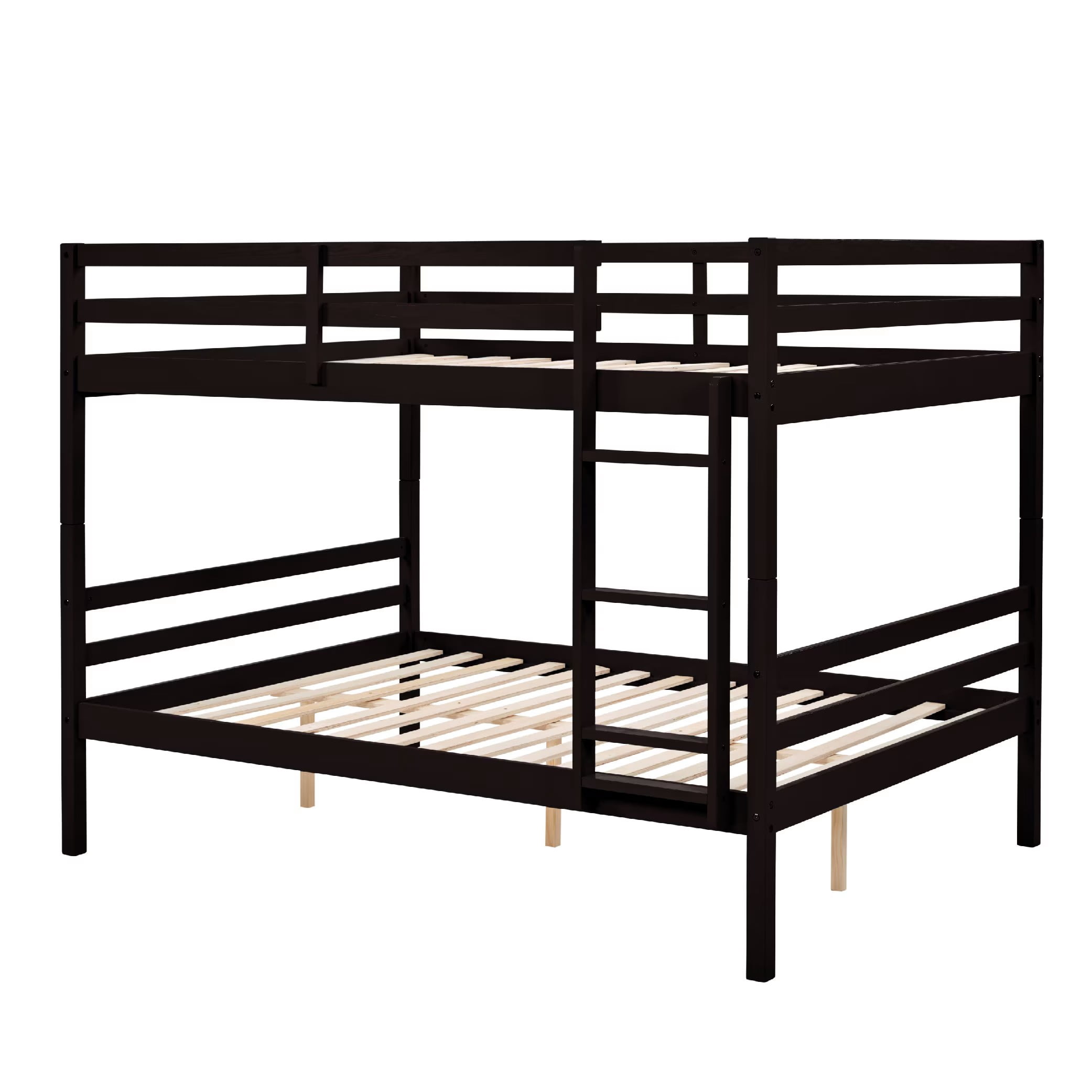Full Over Full Bunk Bed, Solid Wood Bunk Bed Frame with High Guardrails and Ladder, Heavy Duty Wooden Slats, No Box Spring Needed for Kids, Teens, Guest Room, Espresso