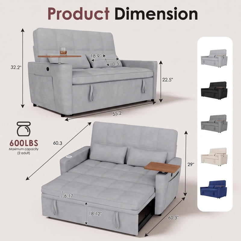 avobird 54'' Pull Out Sofa Bed, Convertible Sleeper Couch for for Living Room, Side Desk, USB Ports, Cup Hold, Velvet Fabric, Adjustable Backrest, Light Gray