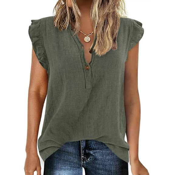 YOUSNH Women Soild V Neck Button Tank Tops Ruffled Sleeves Swing T Shirts Casual Blouses Womens Tops 2024 AG S