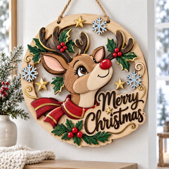 Wooden Door Hanger Merry Christmas Reindeer Design Wooden Christmas Sign for Door Decor Holiday Home Decoration