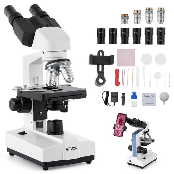 VEVOR Binocular Microscope, 40-5000X Magnification, Professional Compound Microscope for Adult with Dual Stage and Two Sets of Eyepieces, Aluminum Alloy Body, Includes LED Light and Phone Holder
