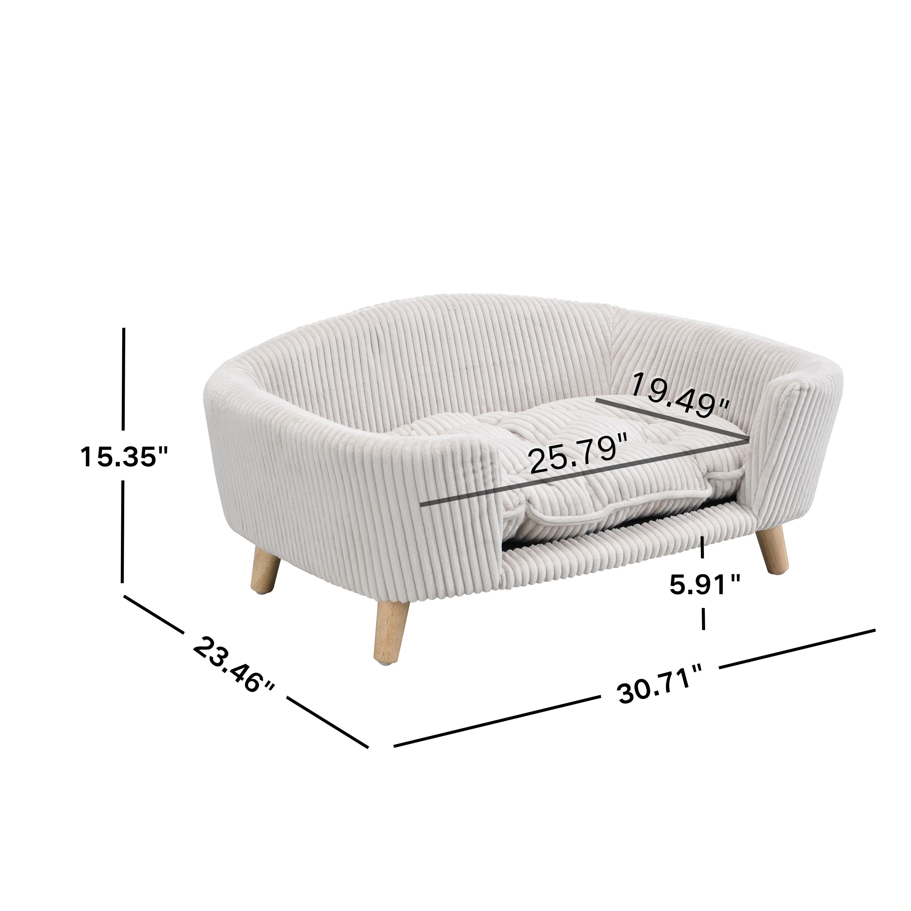 Elevated Dog Bed with Corduroy Fabric and Rubber Wood Legs, Orthopedic Pet Couch and Small Dog Sofa for Dogs up to 25 lbs, Beige
