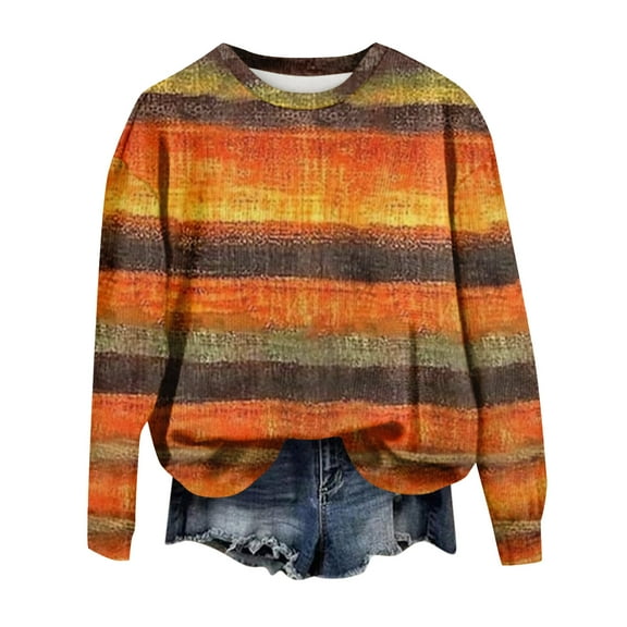 WTOBBY Women's Retro Plaid Print Long Sleeve Pullover, Halloween Fall Fashion Top with Crewneck, Casual Comfort Fit Blouse for Seasonal Style,Camel L