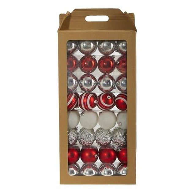 Nearly Natural D1001-RD 80 mm Holiday Shatterproof Christmas Tree Ornament Set with Re-Useable Box, Red - 64 Count