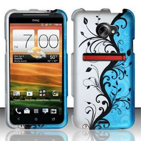 Rubberized Blue Snap - For HTC EVO 4G LTE Rubberized HARD Case Snap On Phone Cover Blue Vines