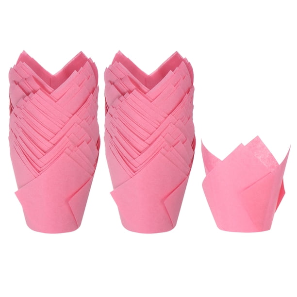 100 Unidades de Moldes para Magdalenas de Papel Estándar En Forma de Tulipán, Envoltorios Antiadherentes Desechables para Cumpleaños, Banquetes y Fiesta, Color Rojo Rosa