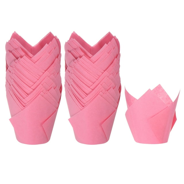 100 Unidades de Moldes para Magdalenas de Papel Estándar En Forma de Tulipán, Envoltorios Antiadherentes Desechables para Cumpleaños, Banquetes y Fiesta, Color Rojo Rosa