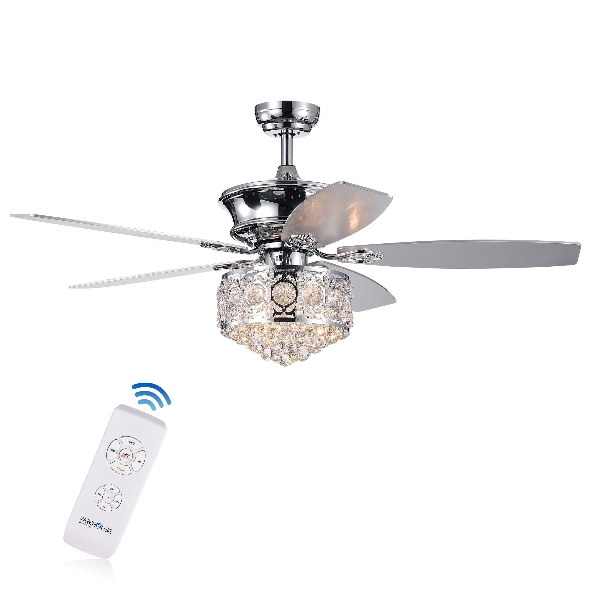 Hasna 52-inch Chrome & Crystal Lighted Ceiling Fan Optional Remote Control (Incl 2 Color Option Blades)