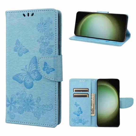 Magnetic Wallet Card Holder Case for Samsung Galaxy A14 5G, Shockproof Kickstand Wrist Strap Butterfly Floral Embossed PU Leather Flip Cover,blue