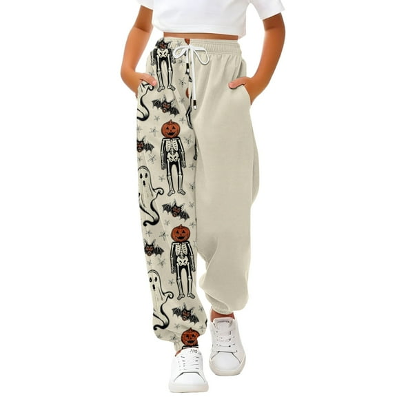 Otqutp Halloween Sweatpants for Teen Girls Pumpkin Graphic Baggy Wide Leg Pants Elastic Waist Joggers Cotton Long Trousers