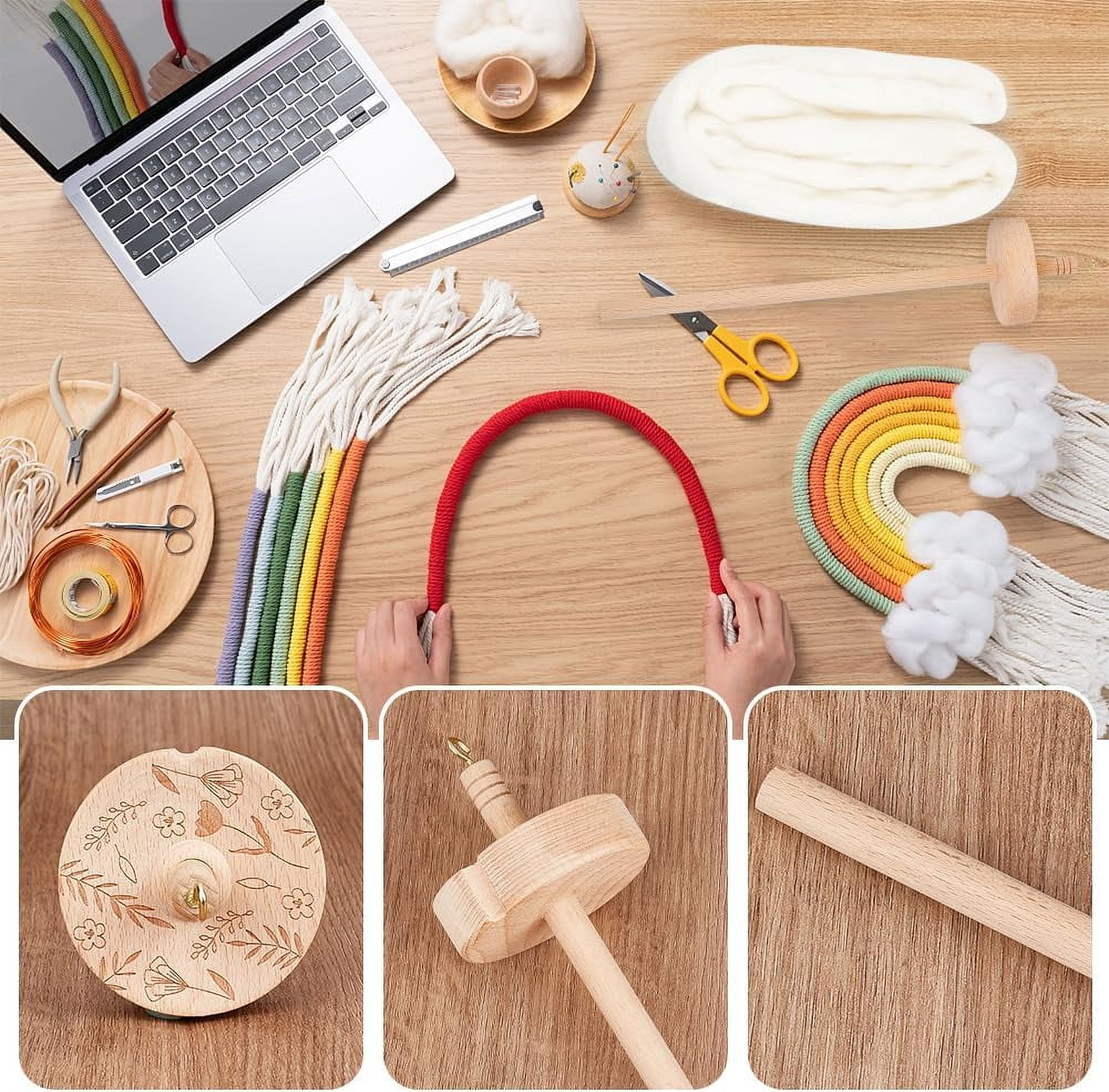8 Inch Wood Yarn Spinner Beginner's Spinning Kit Weaving Spinning Wheels with Drop Spindle for Crocheting Yarn Making Hand Carved for DIY