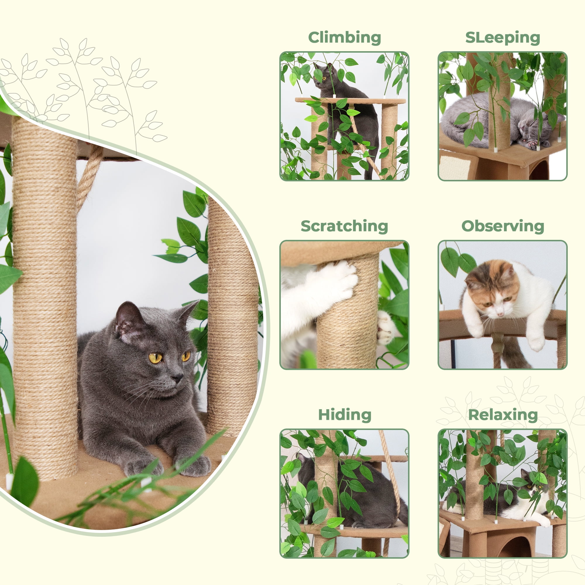 COZIWOW Cat Tree with Leaves 5-Tier Cat Tower and Cat Condo Scratchers Cat House Indoor Home Decor, Brown