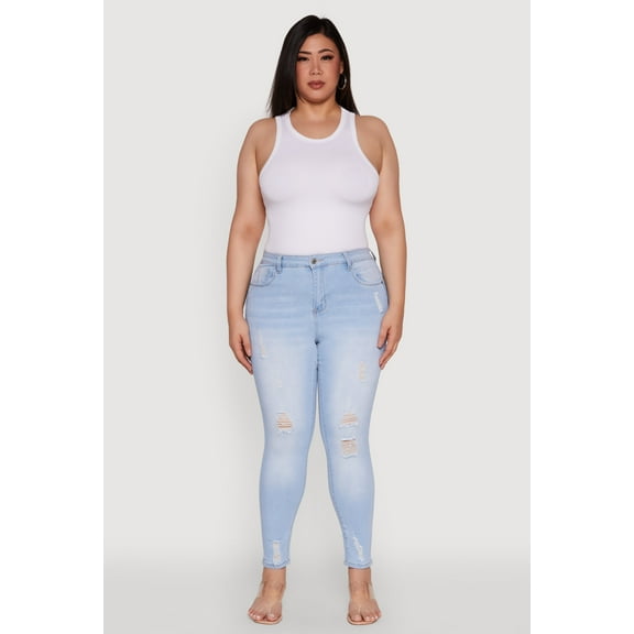 Womens Plus Size WAX High Rise Distressed Push Up Skinny Jeans