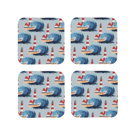 

Vsdgher Beacon In The Huge Waves Of The Surf Leather Coasters for Drinks Durable Drink Coasters 4 Set for Tabletop Protection Luxurious Home Décor and Housewarming Gift-Square