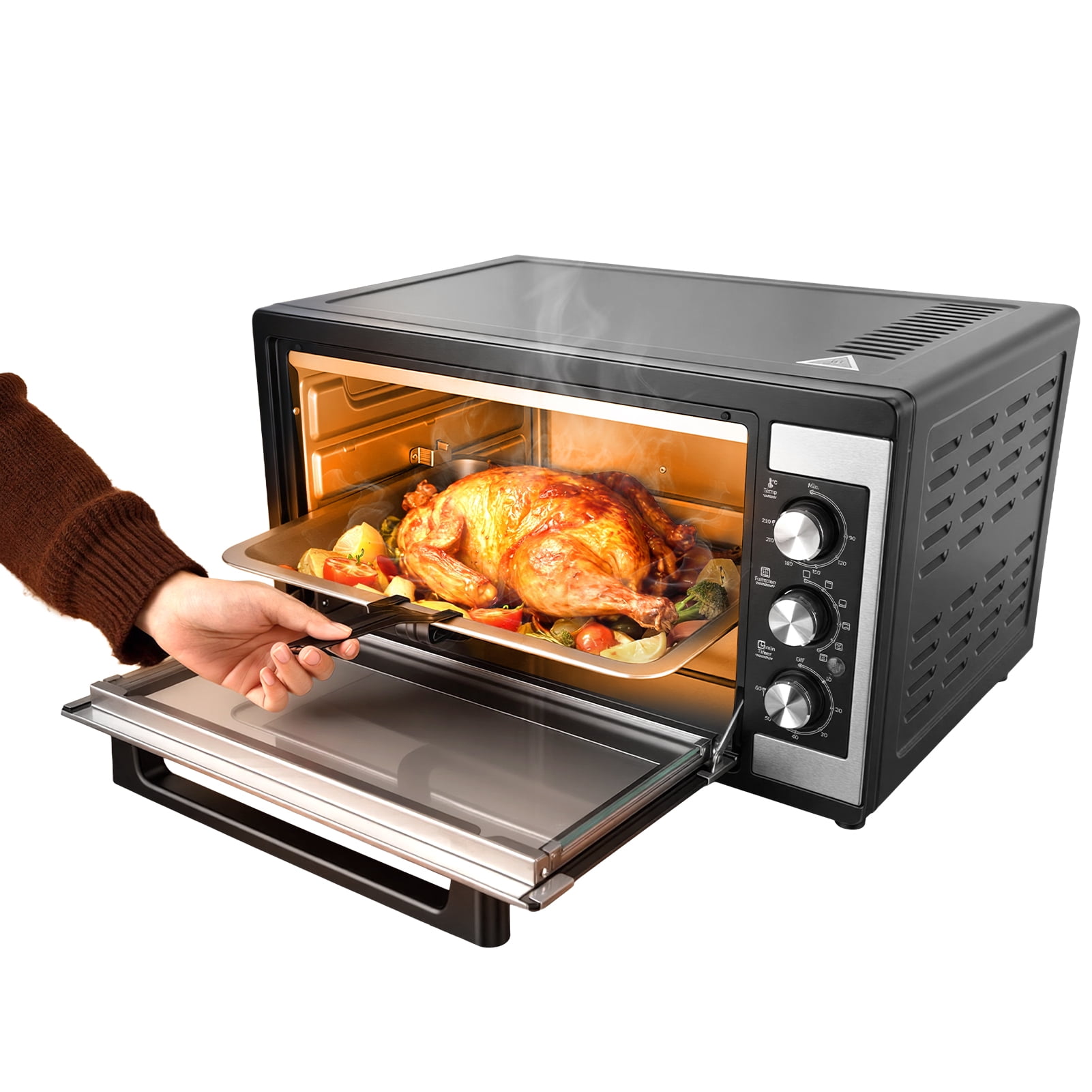 Large 46L Convection Toaster Oven, 9-in-1 Kitchen Countertop Oven with Crispy Roast, Dehydrate, Rotisserie, Includes 6 Accessories, 1500W, Black, Stainless Steel