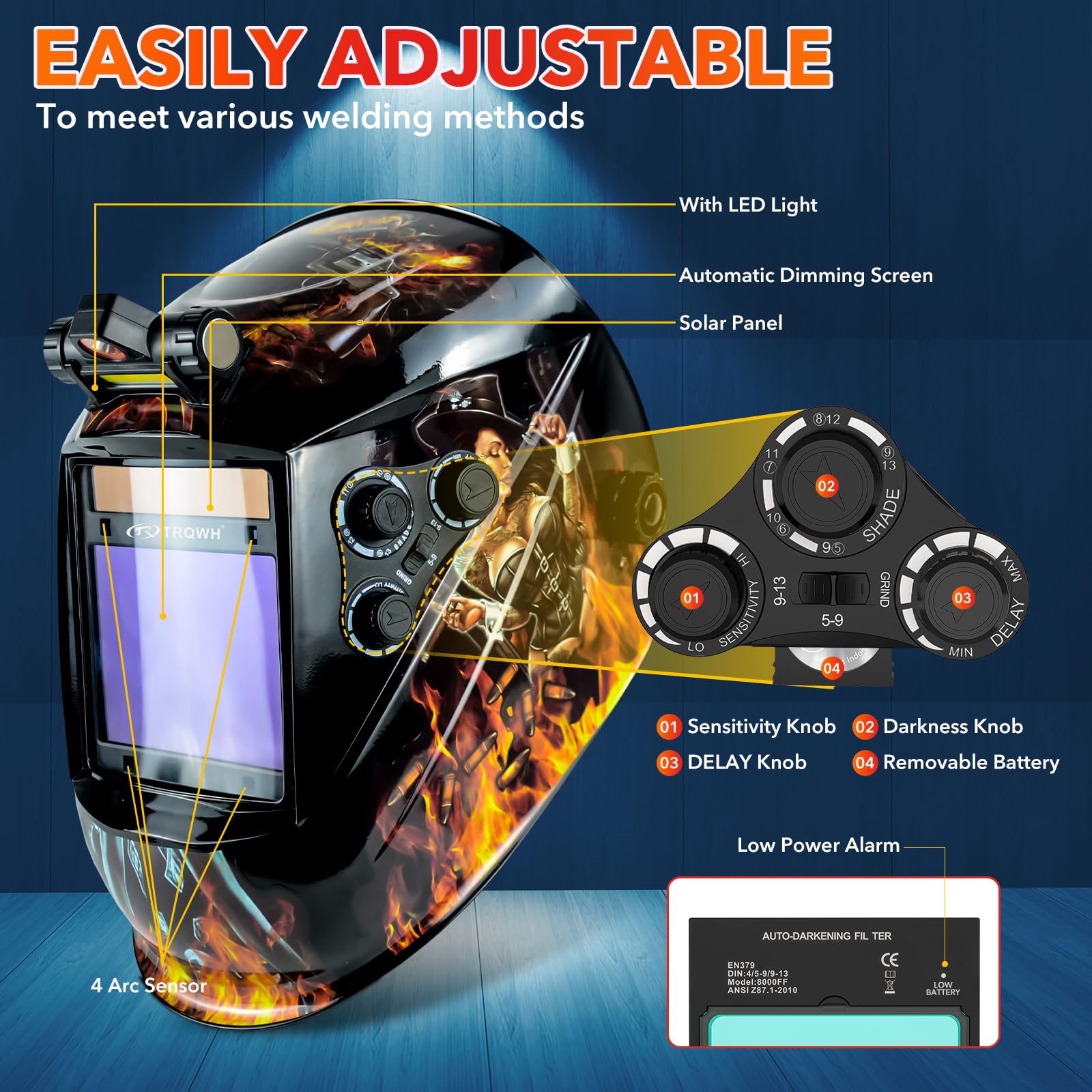 TRQWH Large View 3.94" x 3.15" Welding Helmet Auto Darkening Welding Hood with LED Light Solar Powered True Color 4 Arc Sensor Welding Mask Wide Shade 4/5-9/9-13 Weld Helmet with Grinding (KTS-QLS05)