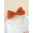 thumbnail image 4 of Conjunto de ropa de Halloween para bebés recién nacidos, niñas y niños, con calabaza, mono de manga larga con estampado de letras, pantalones cortos con volantes y diadema., 4 of 6