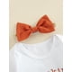 thumbnail image 4 of Conjunto de ropa de Halloween para bebés recién nacidos, niñas y niños, con calabaza, mono de manga larga con estampado de letras, pantalones cortos con volantes y diadema., 4 of 6