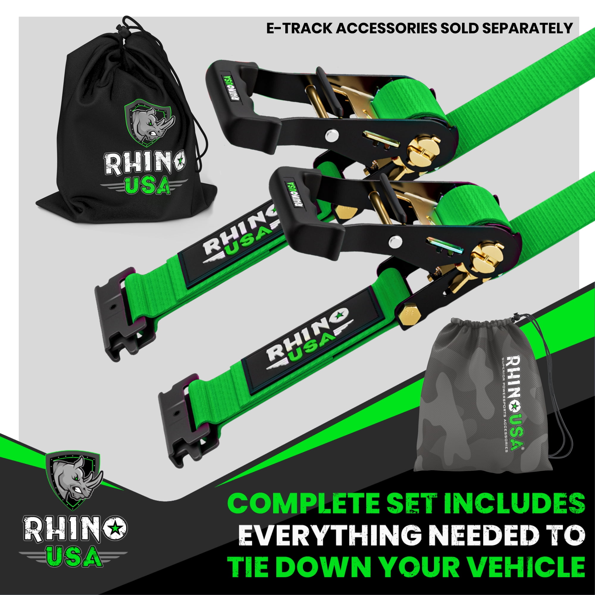 Rhino USA E Track Ratchet Tie Down Straps (4,500lb Break Strength) - w/ (2) Premium 2" x 16' eTrack Tie Down