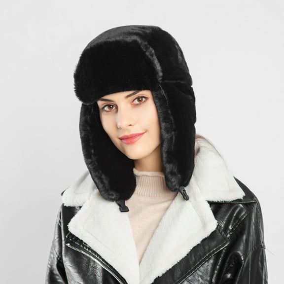 Dyfzdhu Women Winter Plush Fake Thick Hat Ear Protectors Warm Black