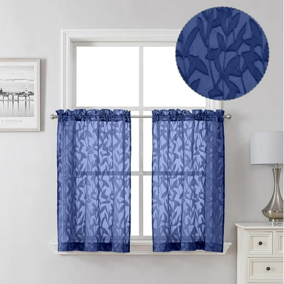EDASCV-Leia Dusty Blue Sheer Kitchen Curtains 36 Inch Length 2 Panels, Breathable Jacquard Textured Voile Curtain Tiers for Bathroom Bedroom, Dual Rod Pockets Window Treatments, 40 W x 36 L