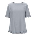 thumbnail image 4 of YDFCWXW Linen Tops for Women Short Ruffle Sleeve Shirts Crewneck Pleated Blouses Dressy Casual Fashion Button Down Tunic Top Grey, XL, 4 of 5