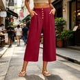thumbnail image 3 of Bloomae Capris for Women Loose Fit Casual Button Elastic High Waist Baggy Pleated Comfy Cropped Trousers Trendy Wide Leg Capri Pants with Pockets, 3 of 8