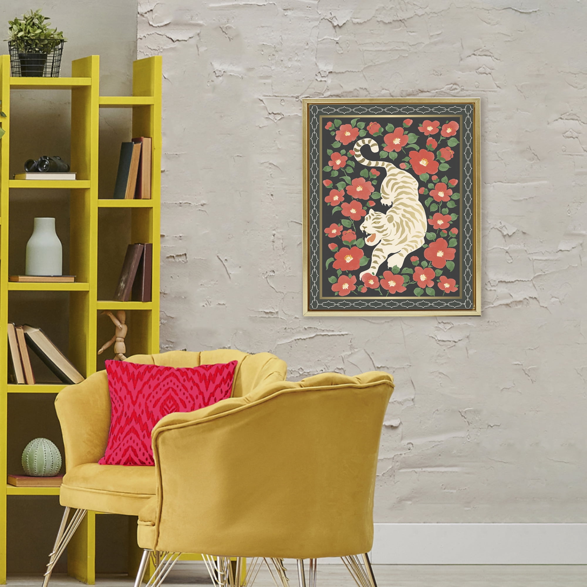 Stupell Industries Ivory Tiger Among Camelias Gold Framed Floater Canvas Wall Art, design by Karolina Sato