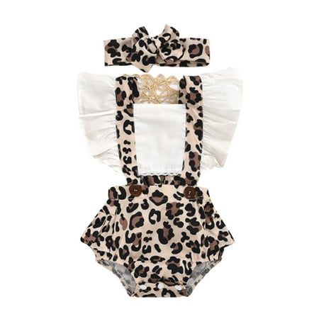 

Baby Girl Printed Bodysuit with Bowknot Headband Sleeveless Flounce Jumpsuit