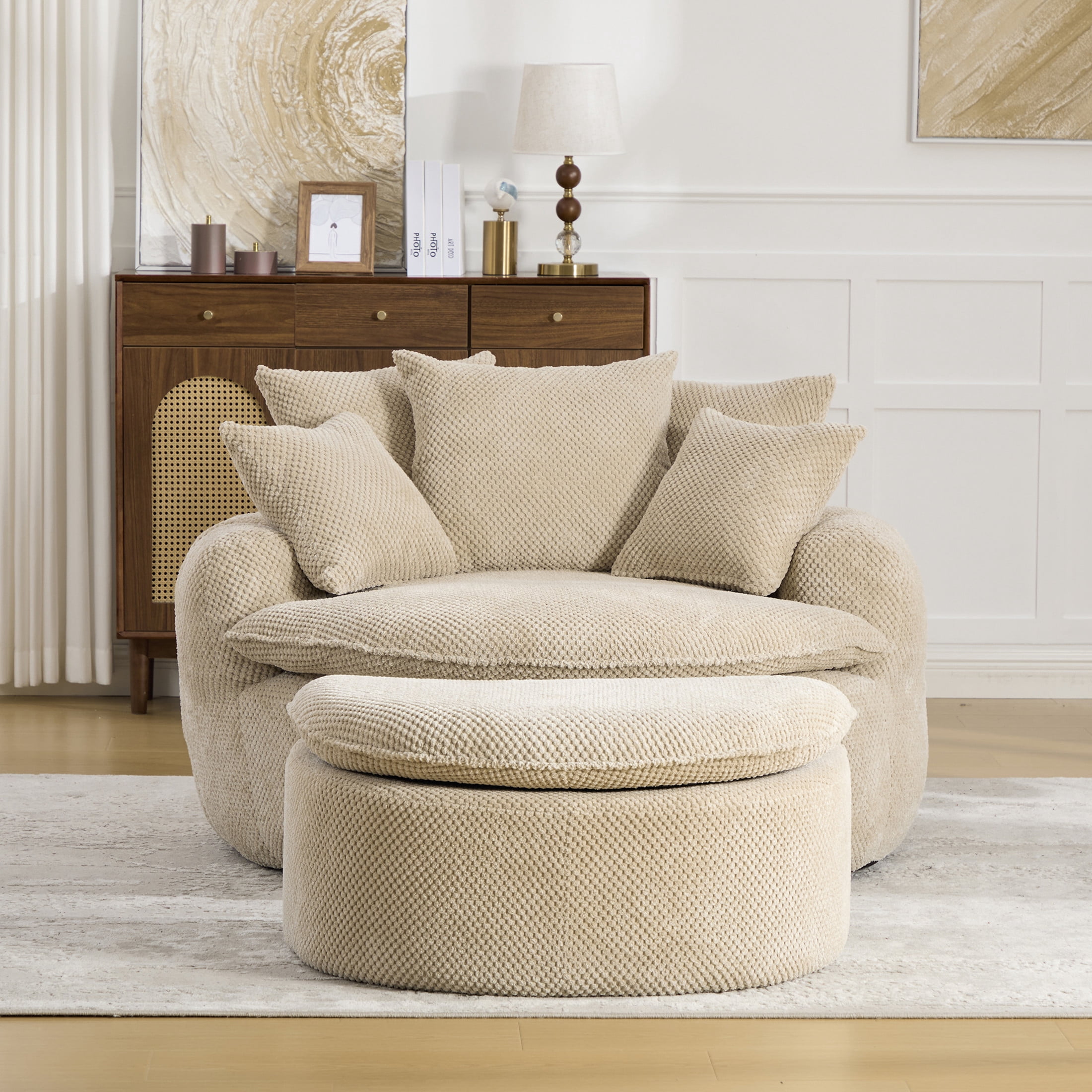 GDF Studio 53.15-Inch Oversized Pumpkin-Shaped Lounge Chair with Footstool Ottoman, Taupe
