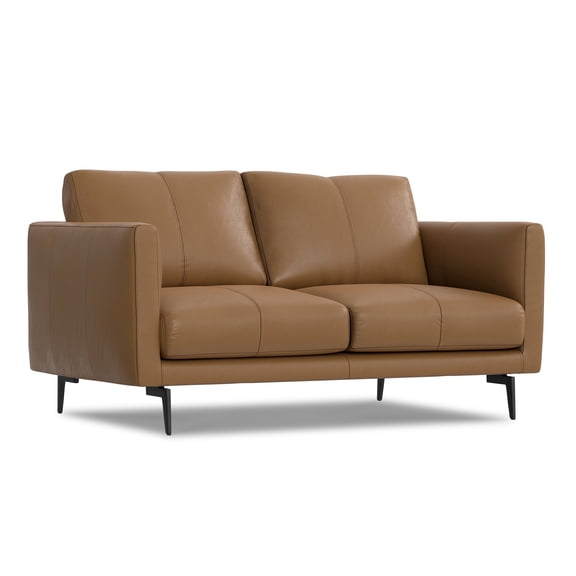Simpli Home Stevens Modern, Mid - Century 60 inch Wide Sofa in Butternut Brown Genuine Leather