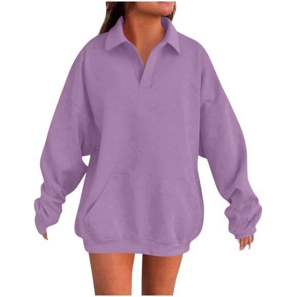 HongQid Oversized Sweatshirt for Women Casual Long Sleeve Polo V Neck Shirts Loose Fit Pullover Tops Fall Fashion