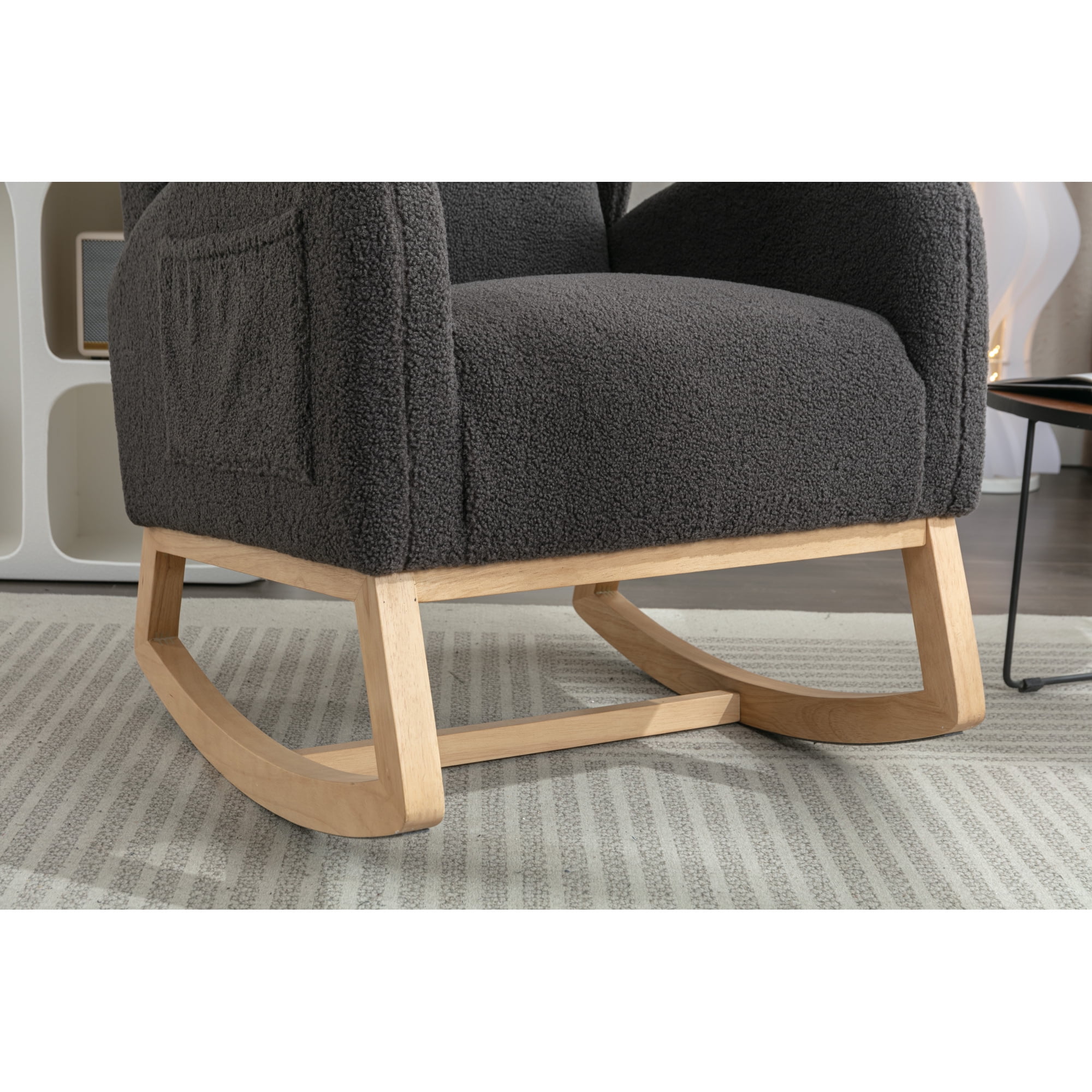 Rocking Chair Nursery,Teddy Fabric Uplostered Rocking Glider Chair with Side Pocket,Modern High Backrest Single Sofa for Living Room, Hotel, Bedroom, Baby Room,Dark Gray