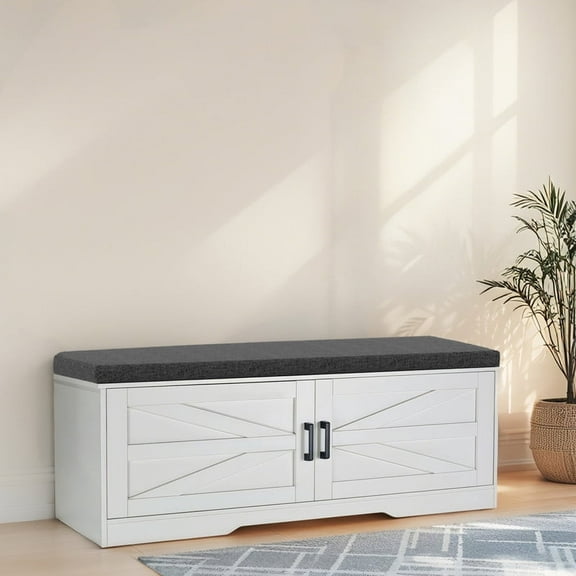 2-Tier Storage Bench, Farmhouse Shoe Bench with Padded Seat Cushion, Entryway Bench with 2 Barn Doors & 2 Adjustable Shelves, for Entryway, Bedroom, Living Room, White