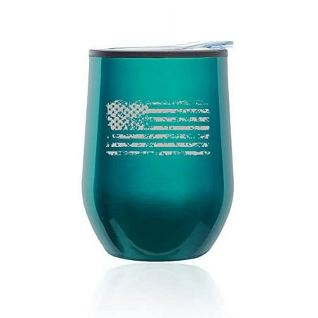 

Stemless Wine Tumbler Coffee Travel Mug Glass with Lid Grunge American Flag (Turquoise Teal)