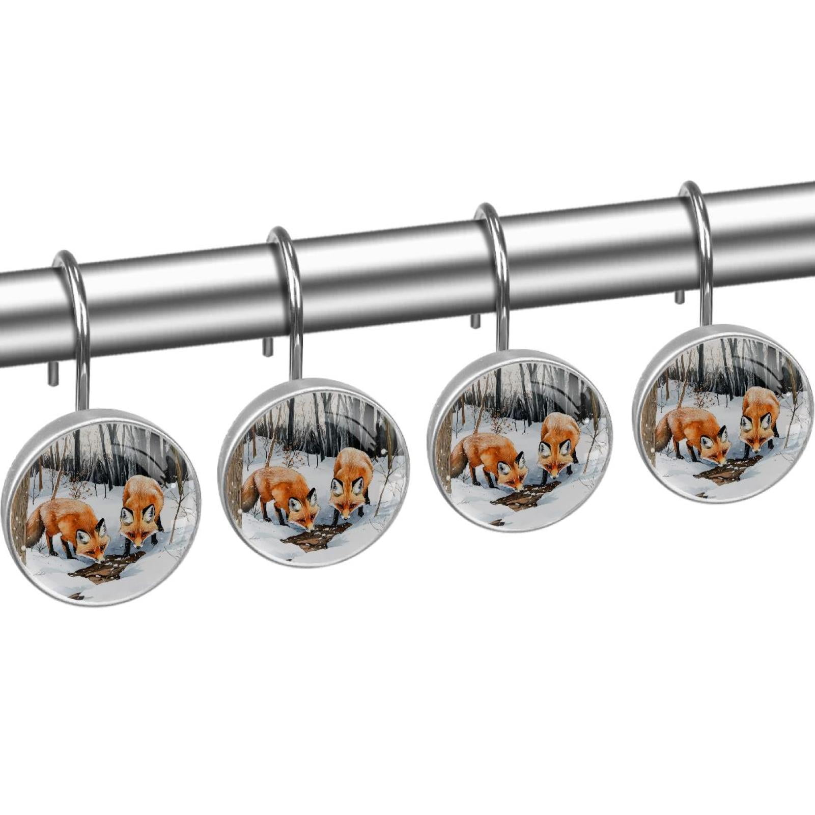 Foxes on Cold Snow Forest Shower Curtain Hooks Round Crystal Glass, Set of 12 Shower Curtain Rings - Shower Hooks for Curtain Shower Rings
