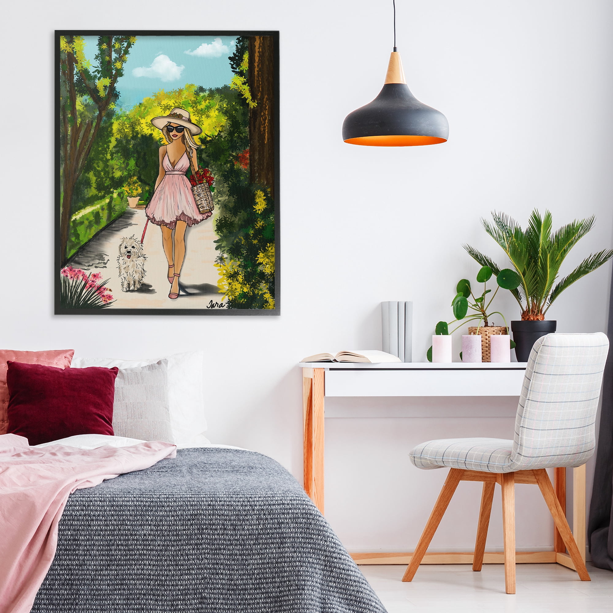 Stupell Industries Garden Girl Strolling with Pup Black Framed Giclee Art, design by Tara Boone