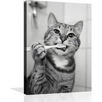 Aaheei Cat Bathroom Canvas Wall Art Funny Animal Bathroom Wall Art Cat Brushing Teeth Bathroom Painting Black and White Animal Bathroom Pictures for Bathroom Restroom Wall