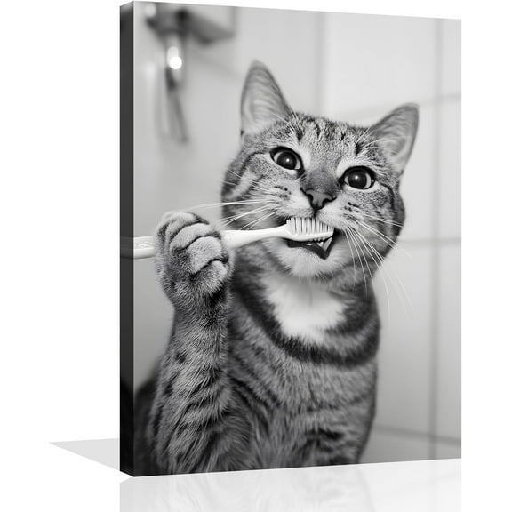 Aaheei Cat Bathroom Canvas Wall Art Funny Animal Bathroom Wall Art Cat Brushing Teeth Bathroom Painting Black and White Animal Bathroom Pictures for Bathroom Restroom Wall