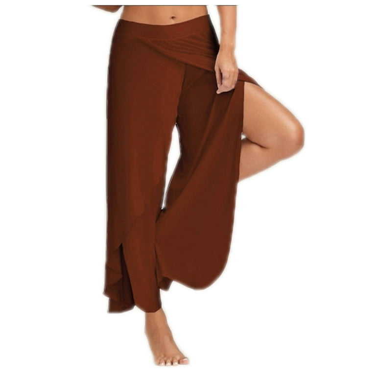 MRULIC yoga pants Women's Solid Color Split High Stretch Exercise Yoga  Leisure Pants Coffee + XL 
