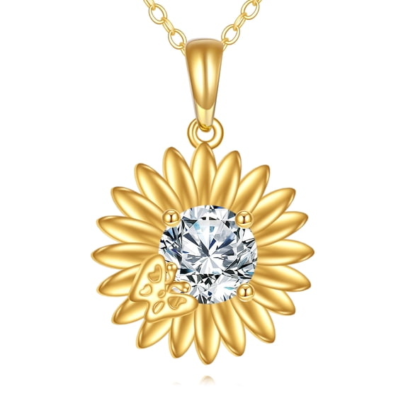 14K Real Gold Sunflower Necklace for Women Solid Yellow Gold Butterfly Pendant Flower Jewelry Gifts for Mom Wife