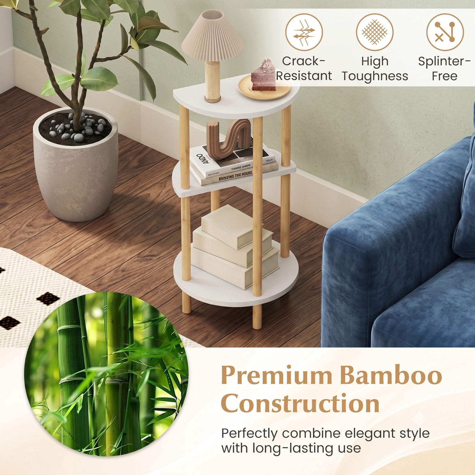Furnibear Set of 2 Round Bamboo Side Tables, 3-Tier End Table with Open Storage Shelves, Compact Nightstand Sofa Accent Table for Living Room Bedroom Study, White