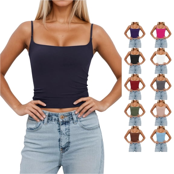 xfsWaSs Tank Tops for Women Built In Bra Slim Fitted Camisole Sleeveless Tank Top Padded Spaghetti Straps Shirts Layering Everyday Wear