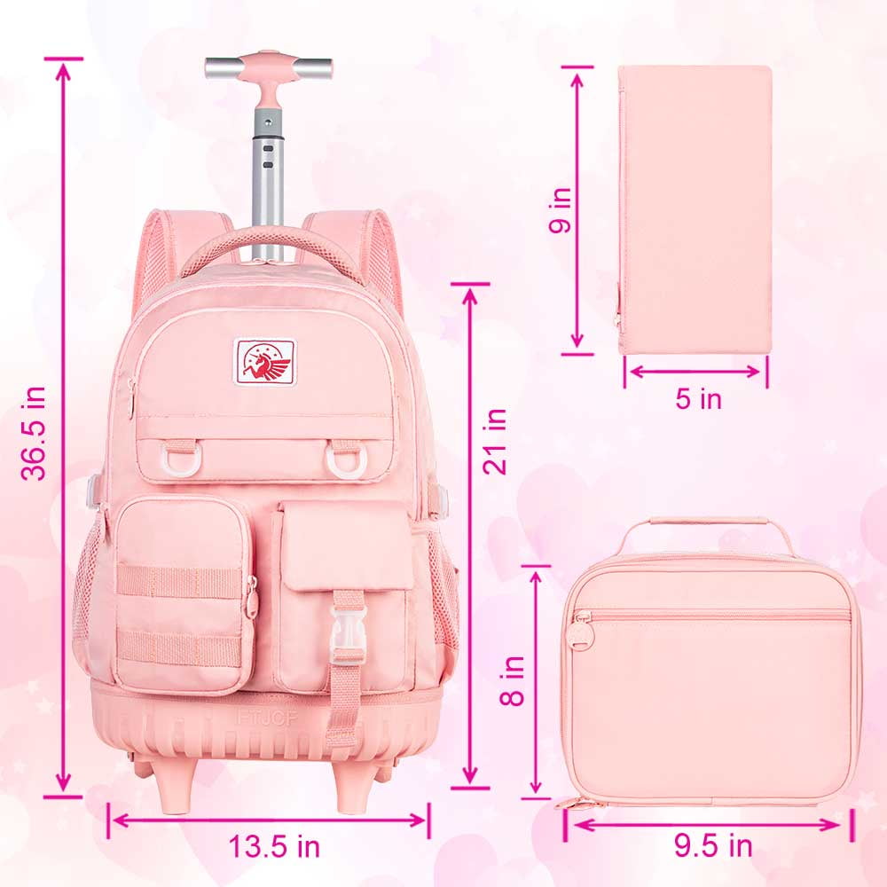 AGSDON Rolling Backpack for Girls and Women, Roller Wheels School Bookbag, Wheeled Suitcase Backpacks with Lunch Bag for Teen - Pink
