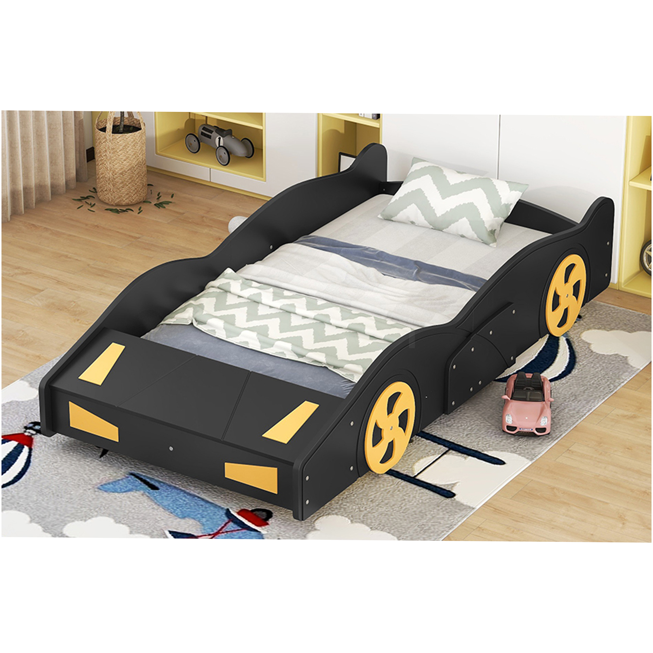 JERFIT Twin Size Race Car Themed Storage Platform Bed Frame with Wheels, Black