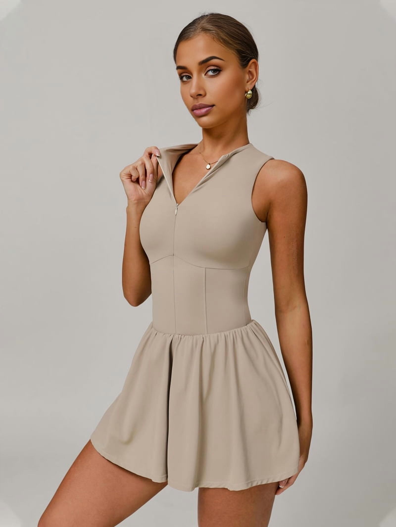 Chic Tennis Aesthetic: Black Activewear Romper Dress Beige / XL