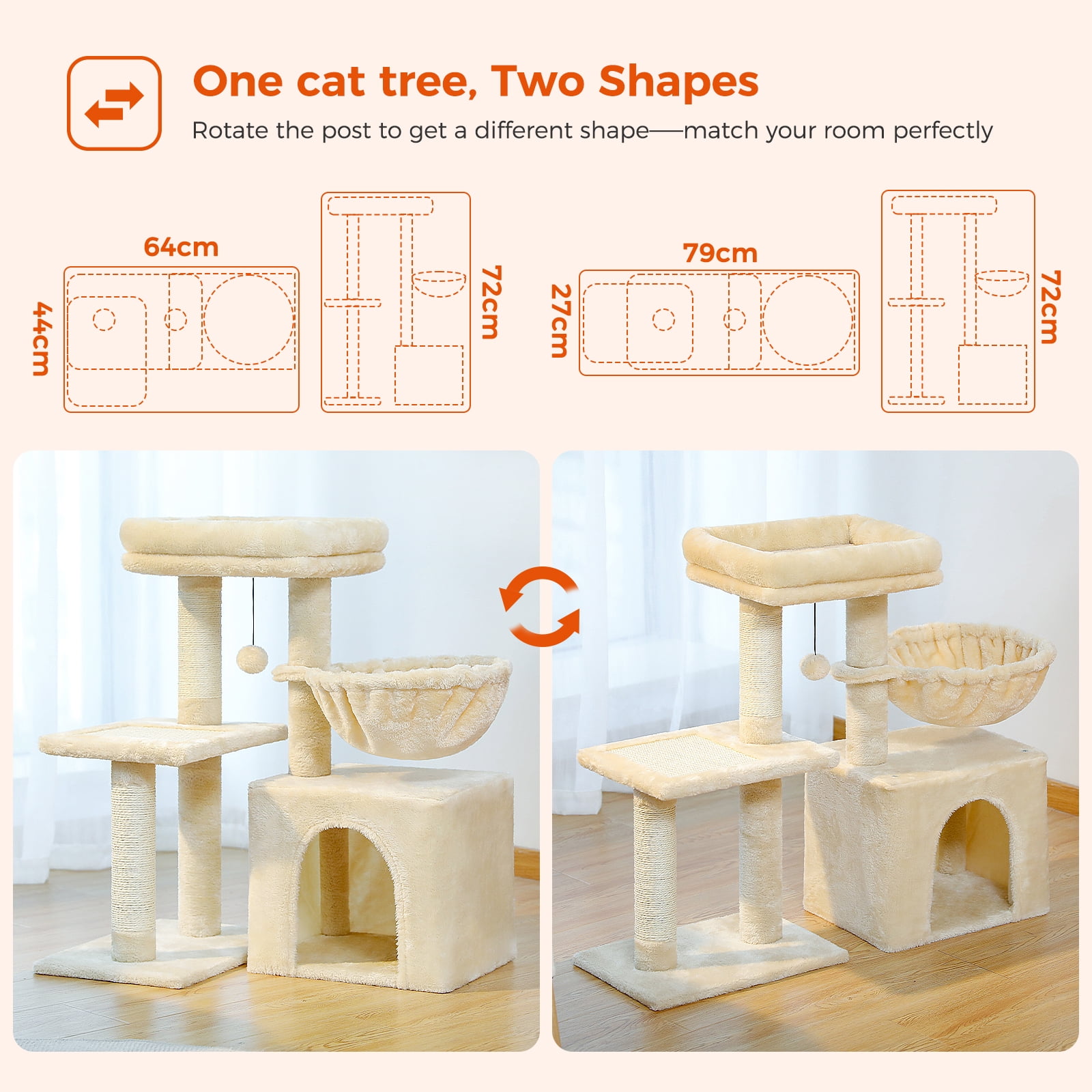 PAWZ Road Cat Tree 28.3" Cat Tower with Large Basket Top Perch and Scratching Posts Pad for Indoor Cats, Beige