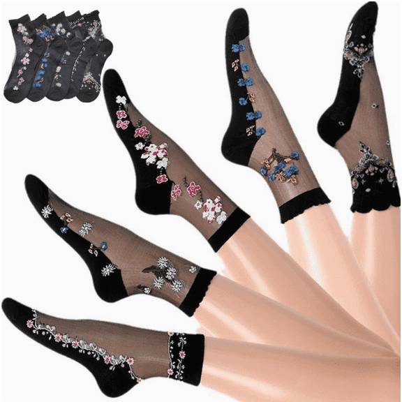 Women's 5 Pairs Ankle Perspective Lace Socks, Thin Embroidered Floral Sheer Socks, Transparent Breathable Stockings for Women